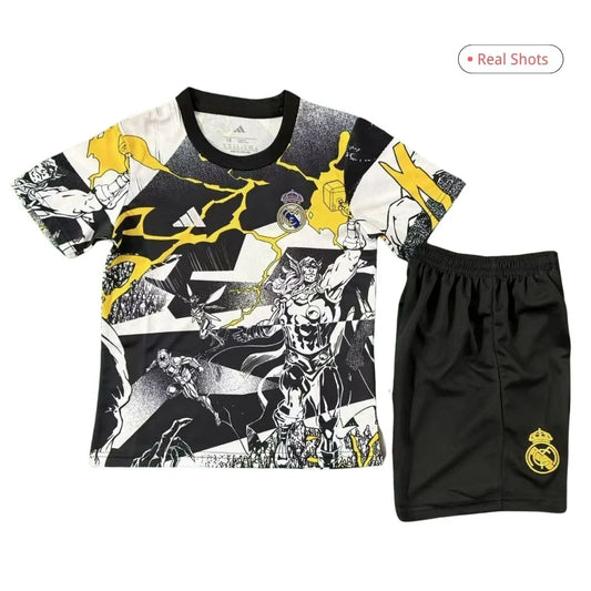Real Madrid Marvel Warm Up Svart og Hvit Barn Oppvarmingsdrakt 2025/26
